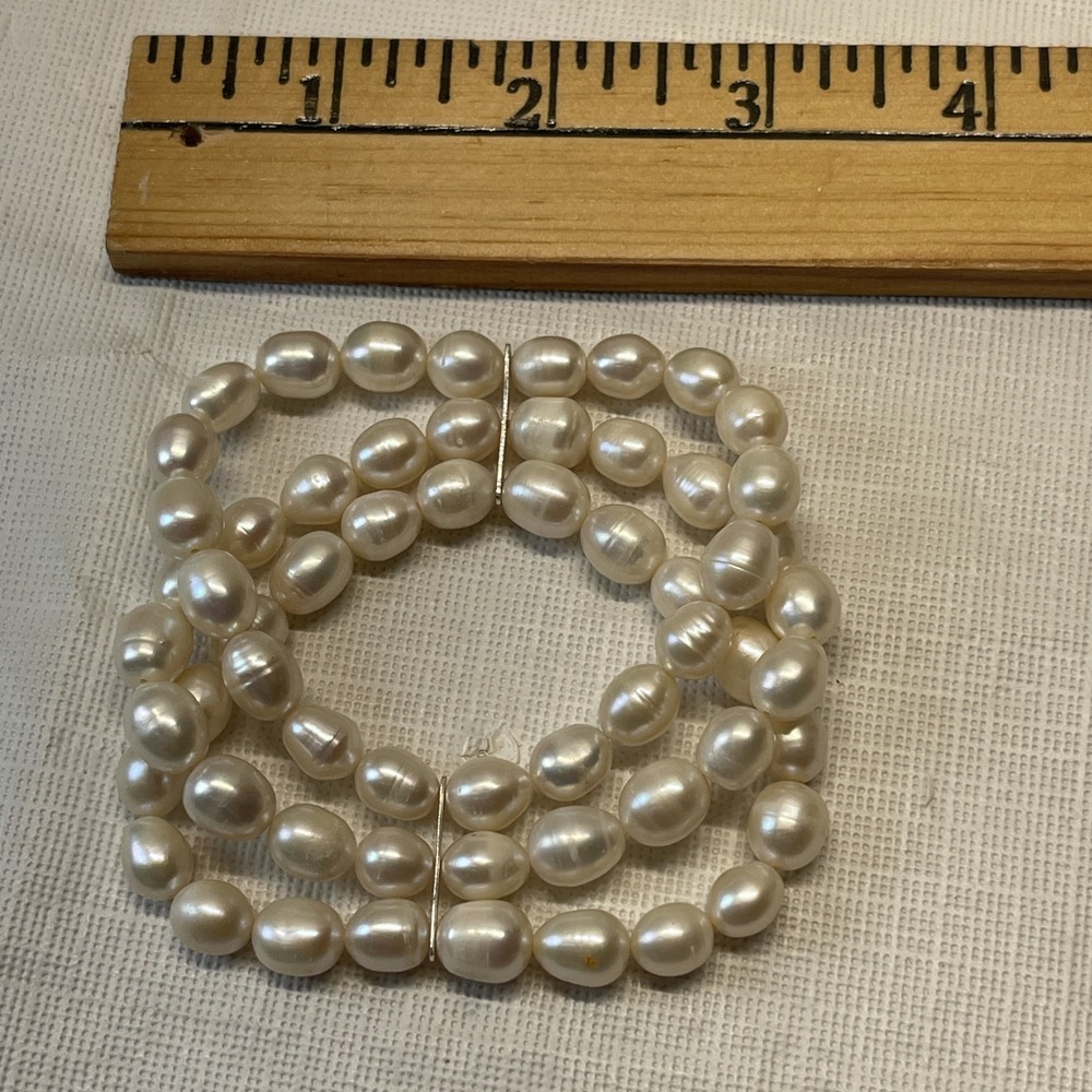 3 Strand Freshwater Cultured Pearl Stretch Bracelet 925 Sterling Silver Spacers - Picture 5 of 6